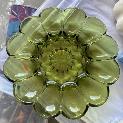 Vtg Anchor Hocking Fairfield Avocado Green Scalloped Deviled Egg Relish Plate