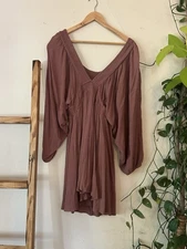 Wishlist M/L Boho Mini Dress Long Sleeve Brown Smocked Ruffle Detail V Neck