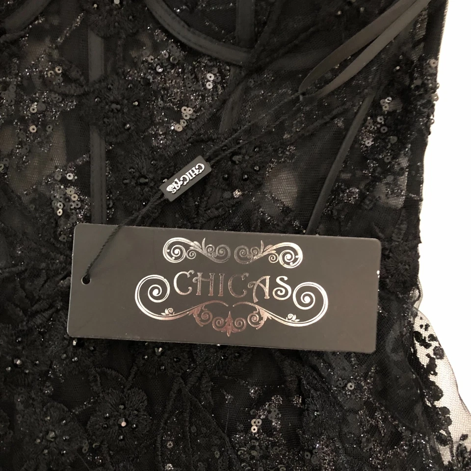 NEW CHICAS Women Black Lace Maxi Dress Gown Strapless Formal Wedding Prom Size S - image 3 of 4