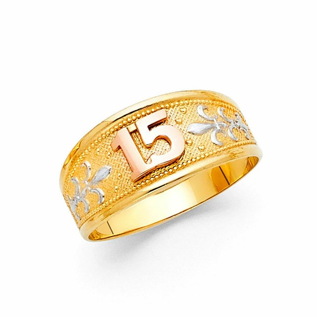 14k Real Two Tone Solid Gold Quince 15 Años Quinceañera Ring Oro Solido