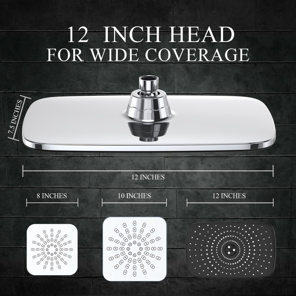 12 Inch High Pressure Rain Shower Head Combo，Upgraded 2in1 slide bar