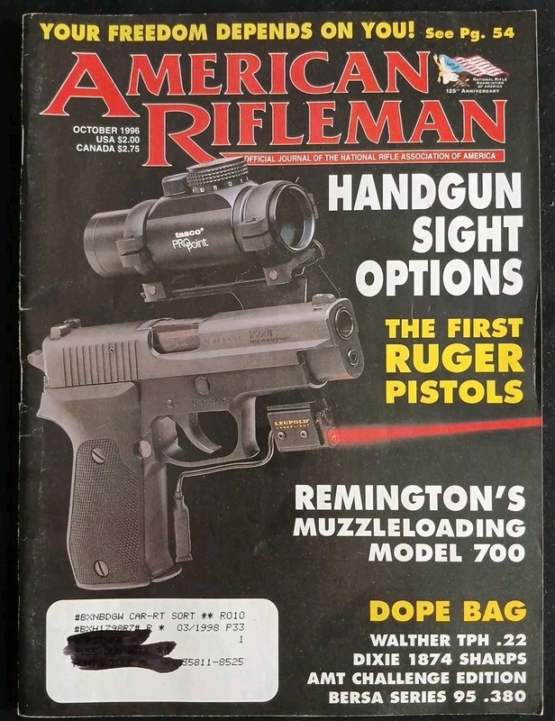 VINTAGE AMERICAN RIFLEMAN OCTOBER 1996 HANDGUN SIGHT OPTIONS & 1ST RUGER PISTOLS