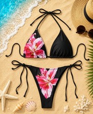 Women  s Floral Print Triangle Bikini Set Halter Neck Tie String Swimsuit