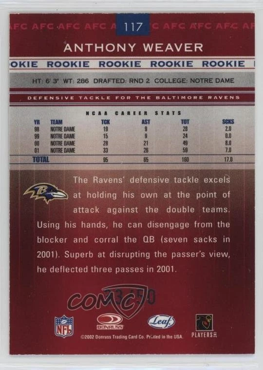 2002 Leaf Rookies & Stars Rookie Longevity /50 Anthony Weaver #117 RC - Image 2 of 2