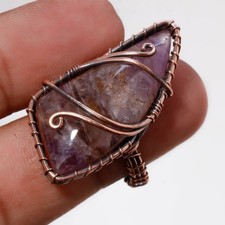 African Amethyst Gemstone Handmade Wire Wrap Copper Gift Jewelry Ring 8" PG 587