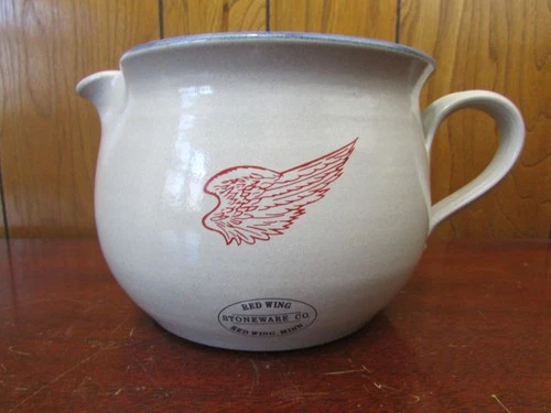 Red Wing Pottery Stoneware 5 1/2" Water/Milk Pitcher w/ Blue Rim