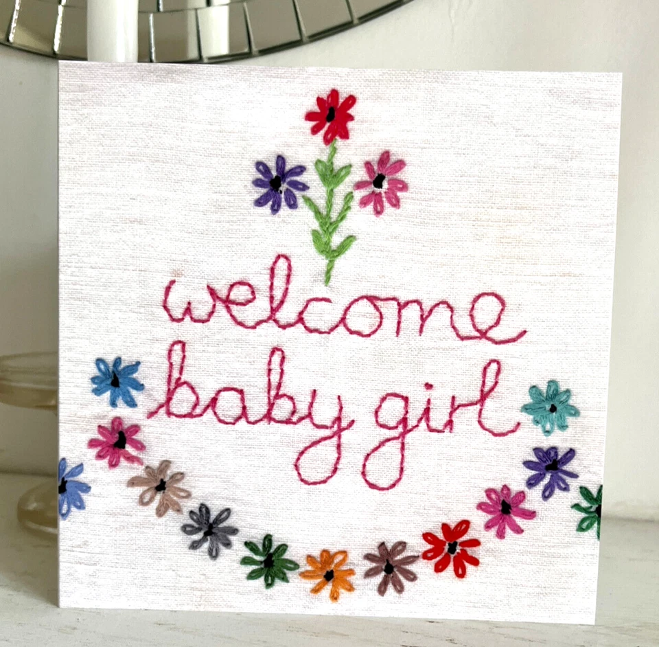 WELCOME BABY GIRL CARD; VINTAGE STYLE; MULTI/CREAM EMBROIDERY; VINTAGE;DAISIES - Image 2 of 4