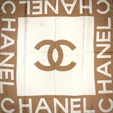Auth CHANEL Scarf Coco Mark Silk 87cm Unisex Beige White Vintage Authentic