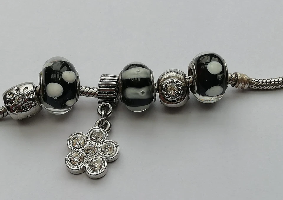 Pandora Armband 925 Silber 21 Cm 6 Charms u.a. Murano Glas Schwarz Weiß - Bild 4 von 4
