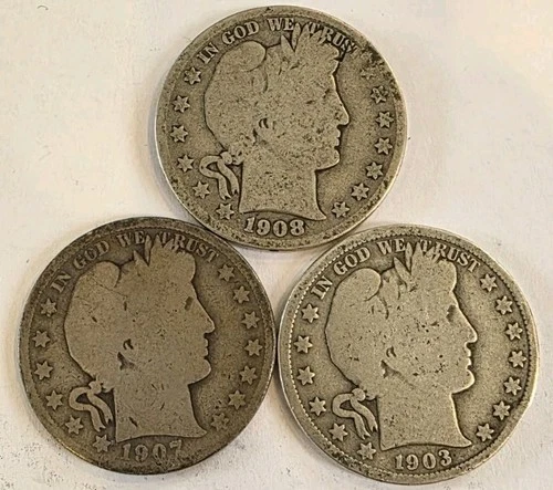Lot of 3 Barber Half Dollars (1903-O, 1907-P, 1908-D) - 90% Silver 50 cents.