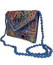 Blue Beaded Embroidered Floral Shoulder Strap Party Cocktail Bag Medium