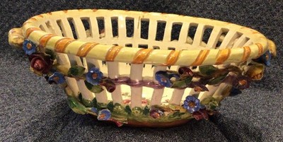 Italy Antique  Hand Painted Ceramic Decorative Basket Floral Multicolor