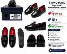 Bruno Marc Boys Black Patent Leather Dress Loafers Slip-On US 1 EU 32 UK 13