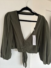 topshop 12 Copped Green Sage Linen Blouse