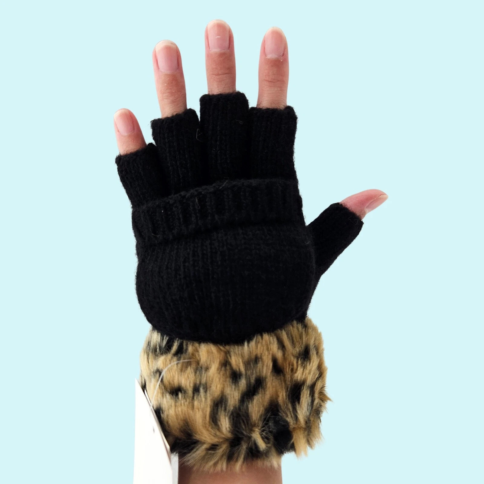 Adrienne Landau Gloves Black Leopard Fingerless Convertible Wool Blend Faux Fur!