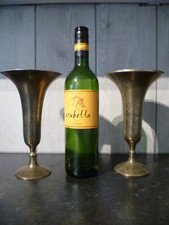 A Vintage Pair of Indian Ornately Chased Brass Vases with a Black Inlay