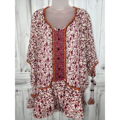 POUPETTE ST BARTH BOBO PONCHO RED WHITE FLORAL OVERSIZE TASSLE MINI DRESS OS