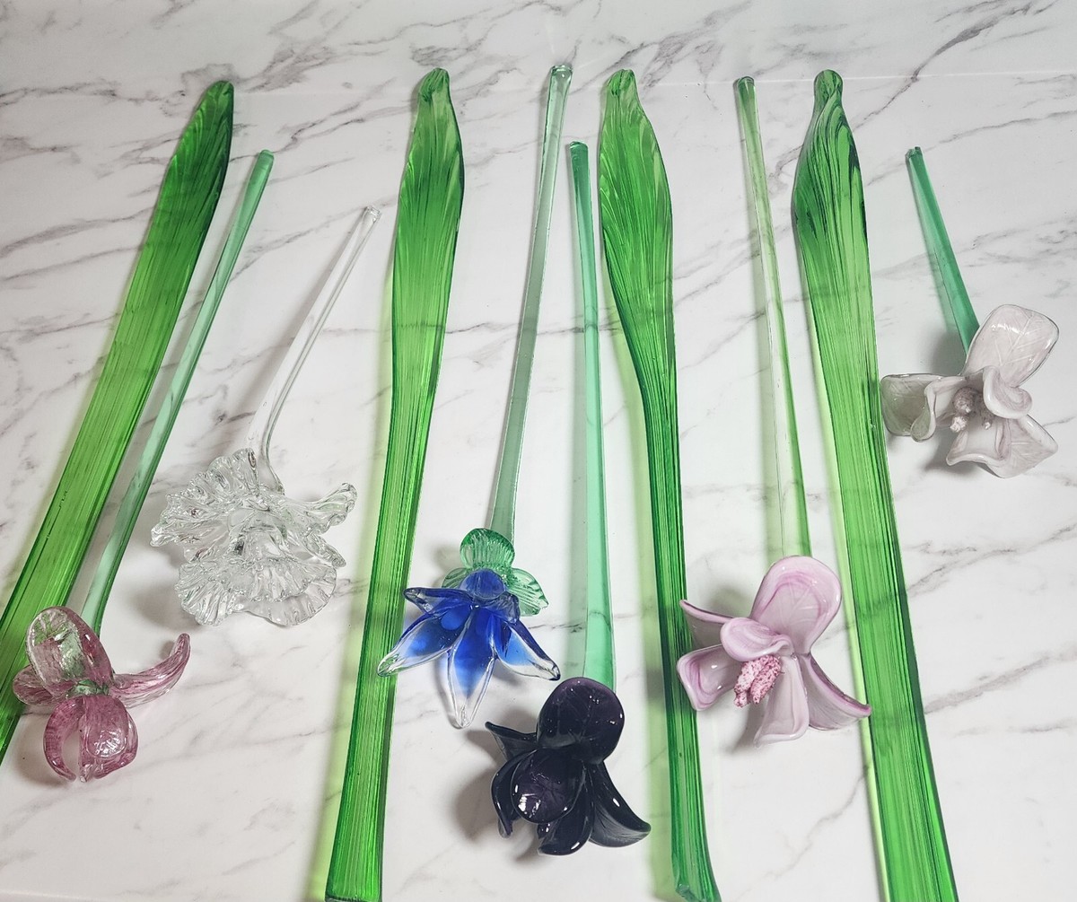 MURANOカラフルな花模様のガラス置物 Lot Of 10 Vintage Murano Style Long Stem Glass Flowers | eBay
