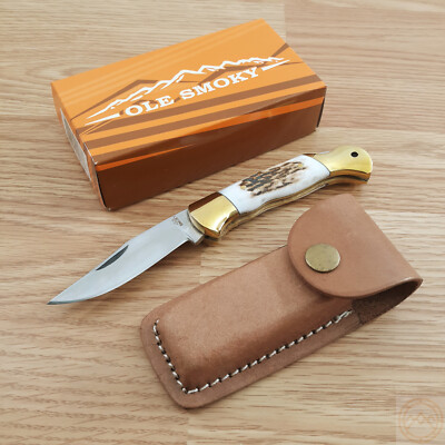 Ole Smoky Lockback Folding Knife 3'' Stainless Steel Clip Blade Stag Bone Handle