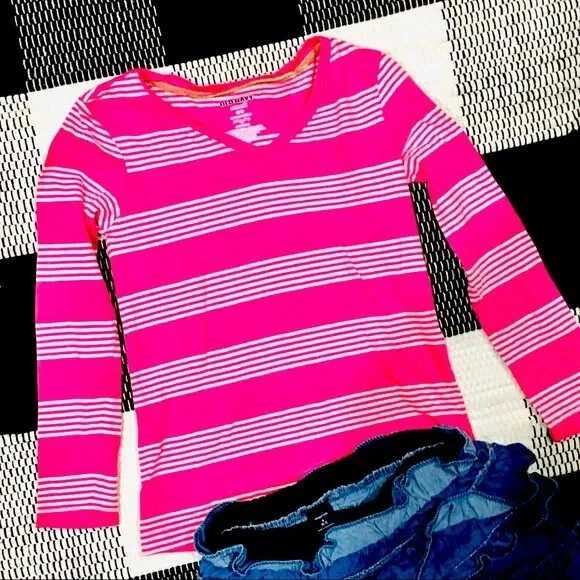 Gap denim ruffle skirt and pink long sleeve cotton striped shirt top 6 7 school - Image 4 of 4