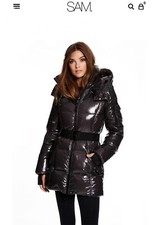 New Sam. New York Designer Belted Down Coat Shiny Jet Black Authentic Xs S M L