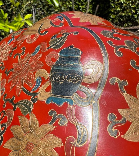 Vintage Large Chinese Red Lacquerware Box Lobed Pumpkin Design Decorative Lidded - Picture 8 of 14