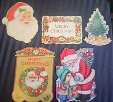 Vintage Christmas Die Cut Cardboard Decorations Lot Of 5 Santa Tree Creases