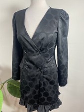 Zara Black Dot Long sleeve  V-neck ruffle hem button front Mini Dress, M