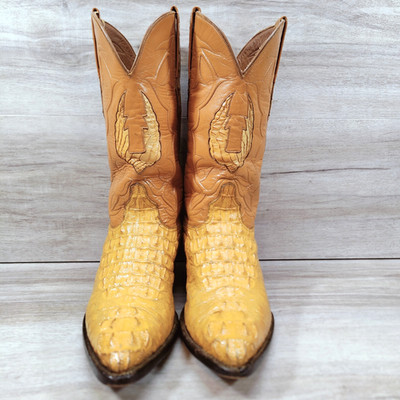 VTG Black Jack Pheonix Crocodile Cowboy Boots Men 8 EE Orange Yellow Head Cut