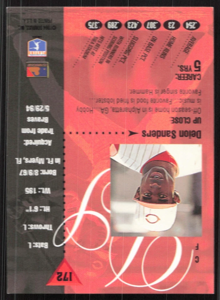 Deion Sanders, 1994 Studio, #172, Cincinnati Reds, - Image 2 of 2