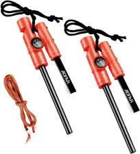 2 Pack Flint Fire Starter Survival Fire Steel Kit with Whistle Compass