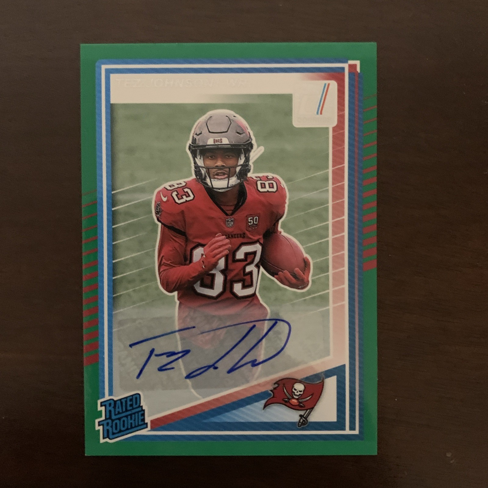2025 Panini Donruss Rated Rookie Tez Johnson Green Auto #313 Buccaneers