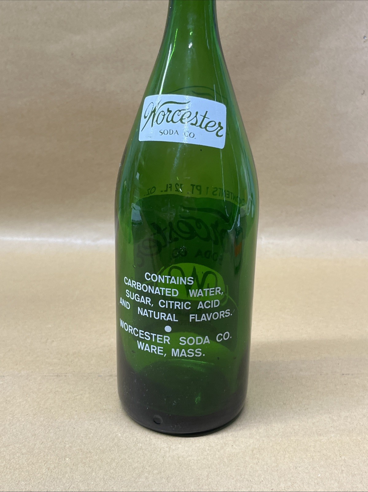 Worcester Soda Co.  Ware, Mass MA  Pint 12 Oz 11” Big Cola Bottle Green