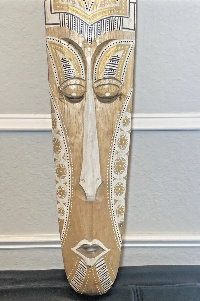 Máscara de madera Tiki primitiva tribal arte tatuaje placa de pared grabada 39 pulgadas de alto Foto 4 de 4