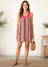 Rose & Olive Boho Geometric Floral Shift Dress Pink Multicolor Cutout Back Small