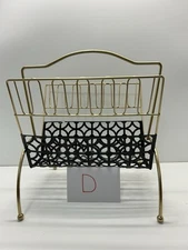 Vintage Mid Century Modern Ornate Mesh Metal Magazine Record Rack Black Brass D