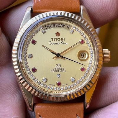 Rare TITONI President Cosmo King Rotomatic 737-SC Gold Dial Watch