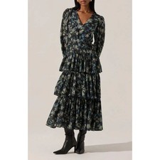 ASTR The Label Tiered Floral Midi Dress Black Green V-Neck Long Sleeve