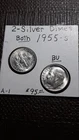 2  Silver Dimes BU Luster   Both 1955-S   Roosevelt  Dimes  Lot A-1