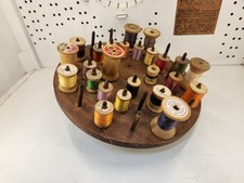 Vintage WOOD SEWING CAROUSEL Spool THREAD HOLDER w/ Old Thread Spools
