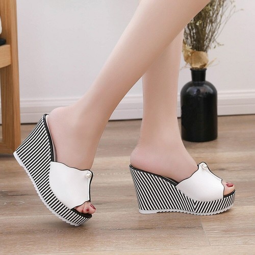 Mujer Sandalias Tacón Alto Zapatillas de Playa Plataforma Rayas Perla  Chanclas | eBay