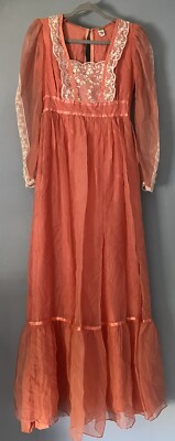 Vintage Dress Peach Chiffon Sz. S Laced Broken Zipper