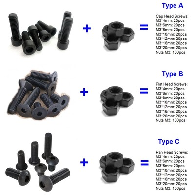M3 Black Allen Bolts Cap/Flat/Pan Screws With Hex Nuts Assortment Kit Set 240pcs