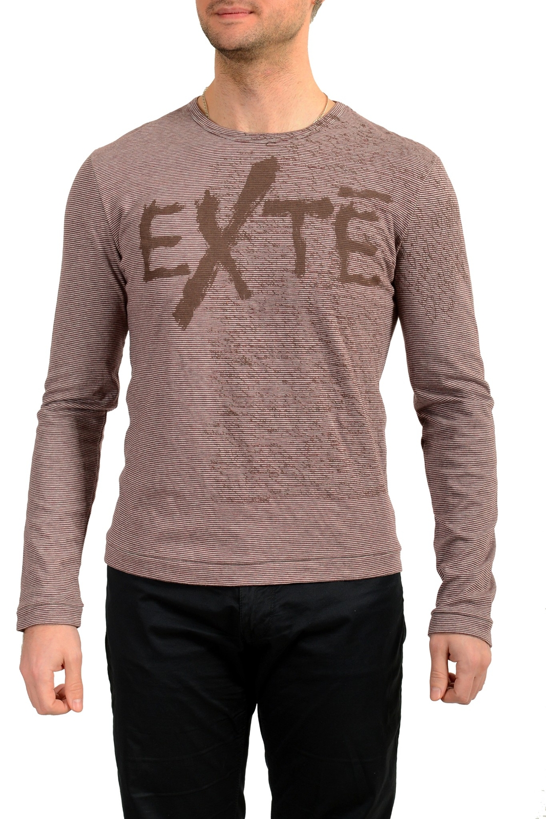 Мужская футболка с длинным рукавом Exte в разноцветную полоску с логотипом и принтом US M IT 50 5790₽