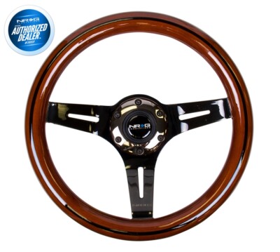 NRG -Dark Wood Grain Steering Wheel 310mm w/ Blk Line Inlay & Blk Chrome Spokes