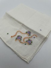 Vintage Hankie Embroidery Flowers Handkerchief Linen purple yellow orange