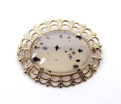 Beautiful Vintage MOSS AGATE ''Dark Clouds'' Oval stone 14k Gold Plated Brooch Pin