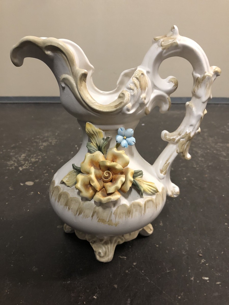 Vintage Capodimonte Porcelain Floral Pitcher Vase 1888 Etched in
