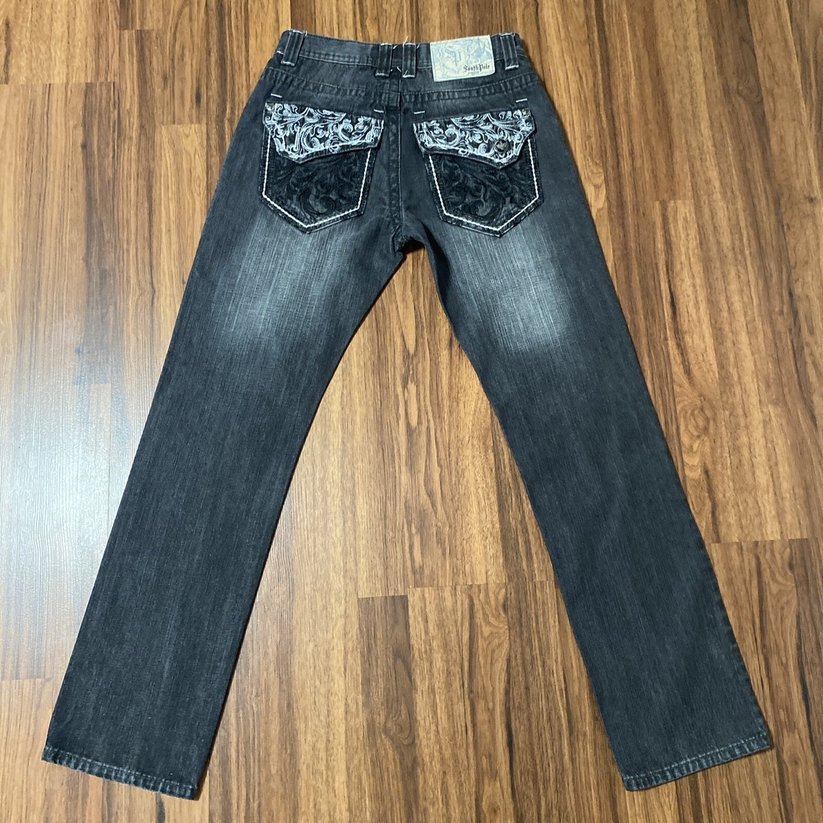 Vintage Southpole Embroidered Pocket Jeans Washed Black White Stitching Sz  30x31