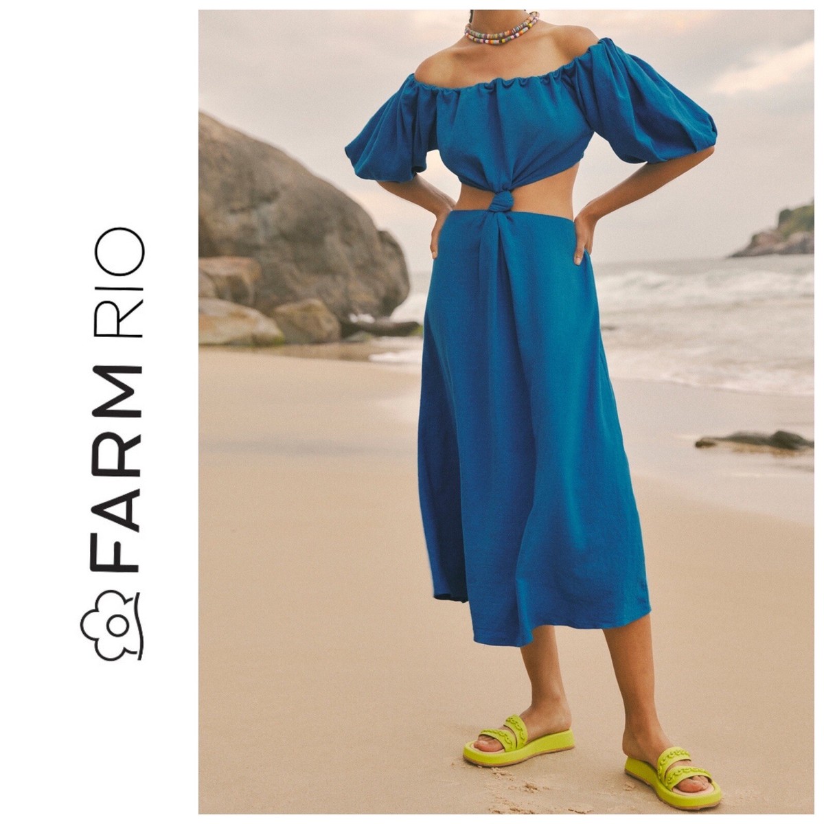 NWT FARM Rio Blue Midi Knot Linen Blend Dress S | eBay